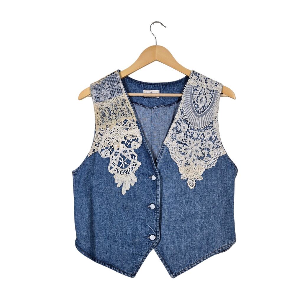 Y2K Darland Original Denim Lace Vest M Blue Crochet Boho Cottagecore
